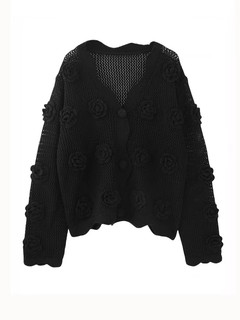 Embroidery Roses - 3D-Strickjacke mit weißen Rosen und Blumen,