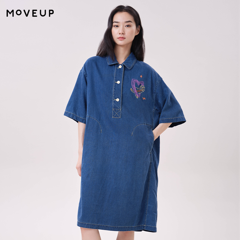 Embroidery Cat - MOVEUP Lyocell-Jeanskleid mit Polokragen, Herz-Katzen-Stickerei, Seitentaschen,