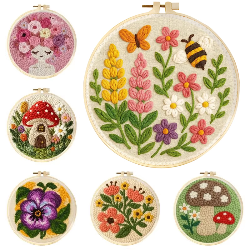 Embroidery Hoop Square - DIY Punch Needle Sets Pilze Blumen