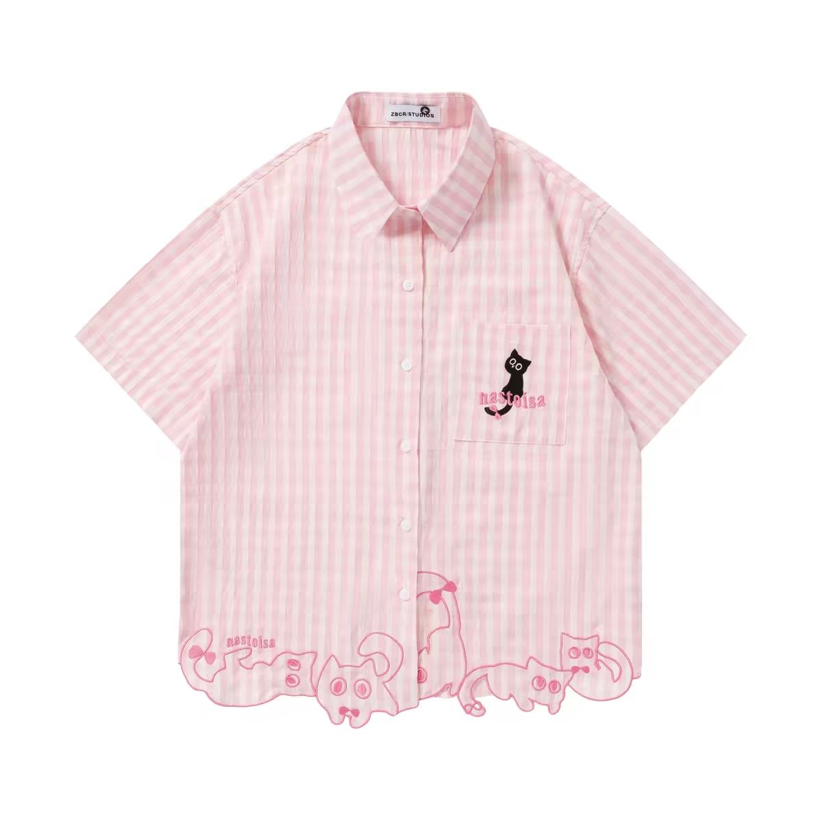Embroidery Cat - Schickes, lustiges, niedliches Katzen-Stickerei-Hemd mit rosa