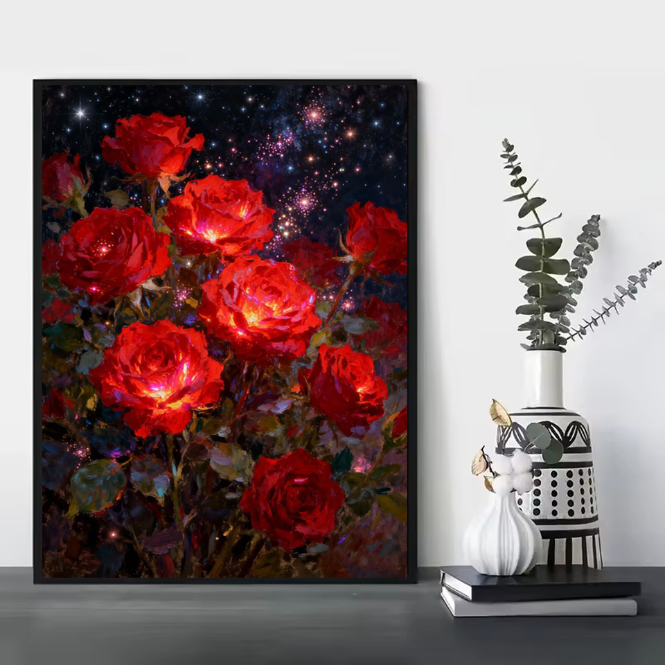Embroidery Roses - Rahmenloses Diamant-Gemälde 2026: Rosenblüten-Stickerei, Vollquadrat- und