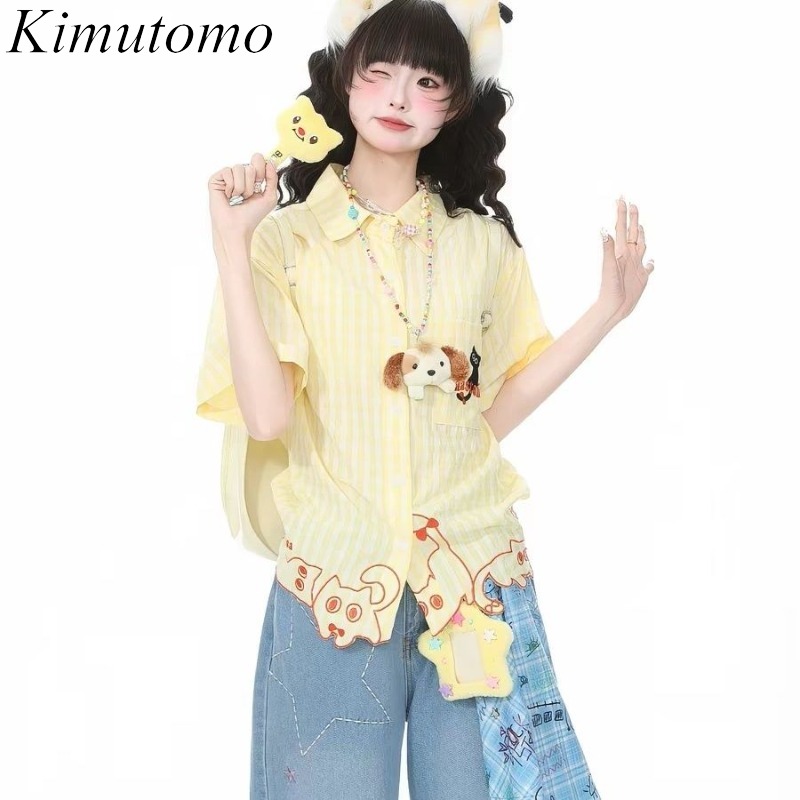 Embroidery Cat - Kimutomo Damenblusen mit Katzen-Stickerei, Kariert, Kurzarm,
