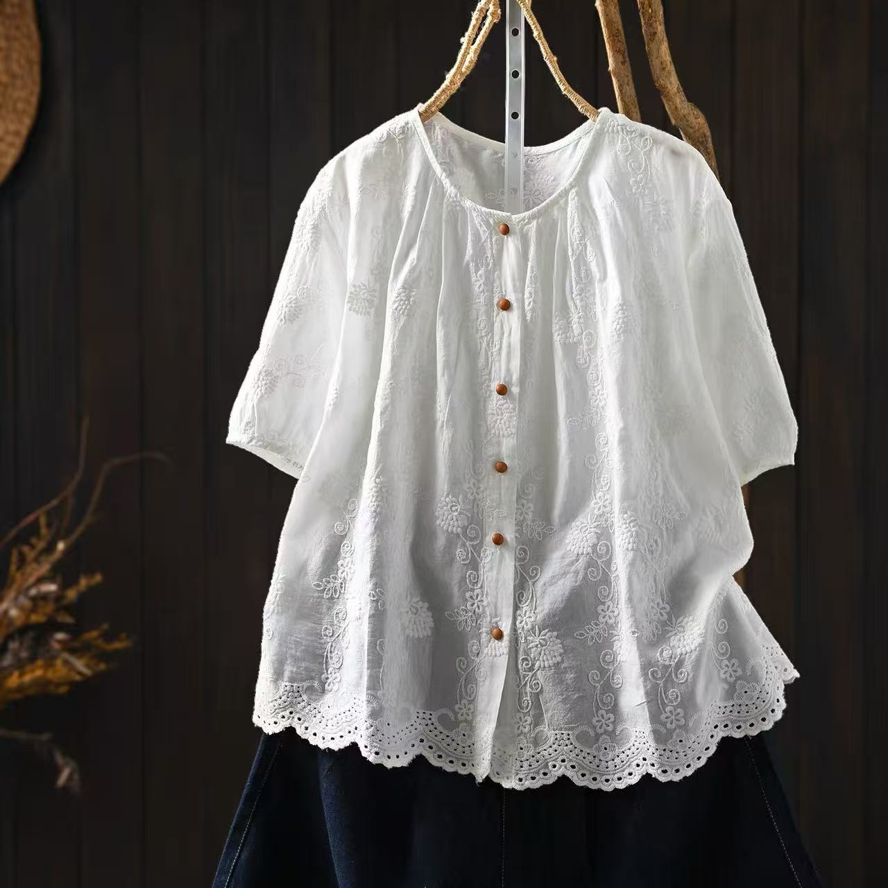 Embroidery Eyelet - Damen 100% Baumwolle Blumenmuster Lochstickerei Bluse