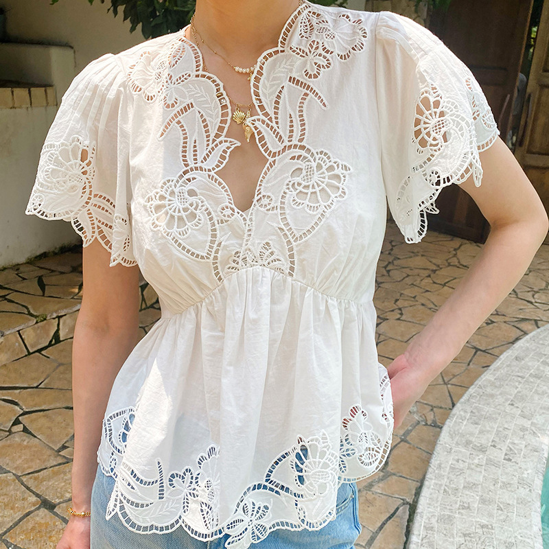 Embroidery Eyelet - Französischer Stil Blumenmuster Lochstickerei Bluse Damen