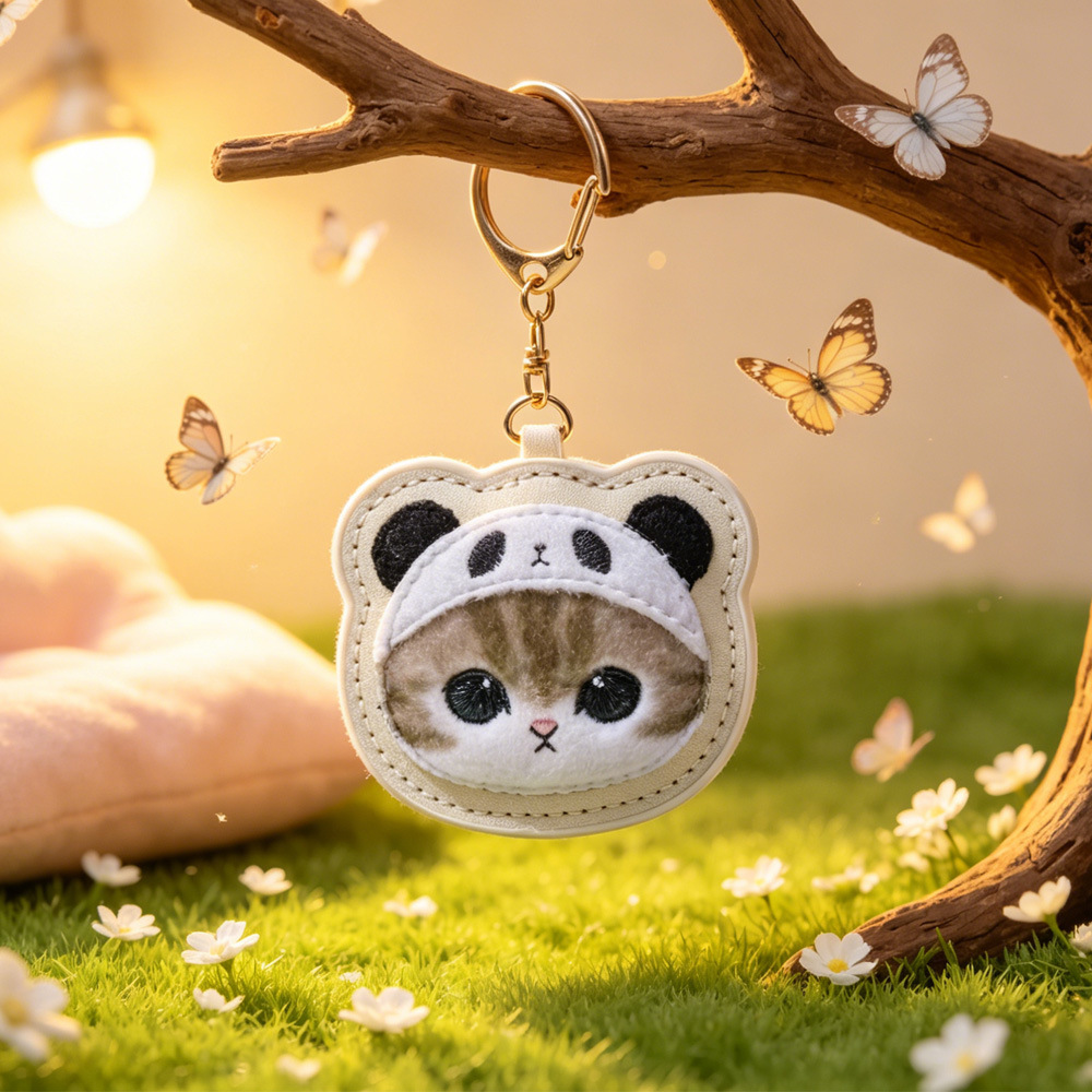 Embroidery Cat - Cartoon Mofusand Hai-Katze Leder-Handtuch Stickerei Schlüsselanhänger