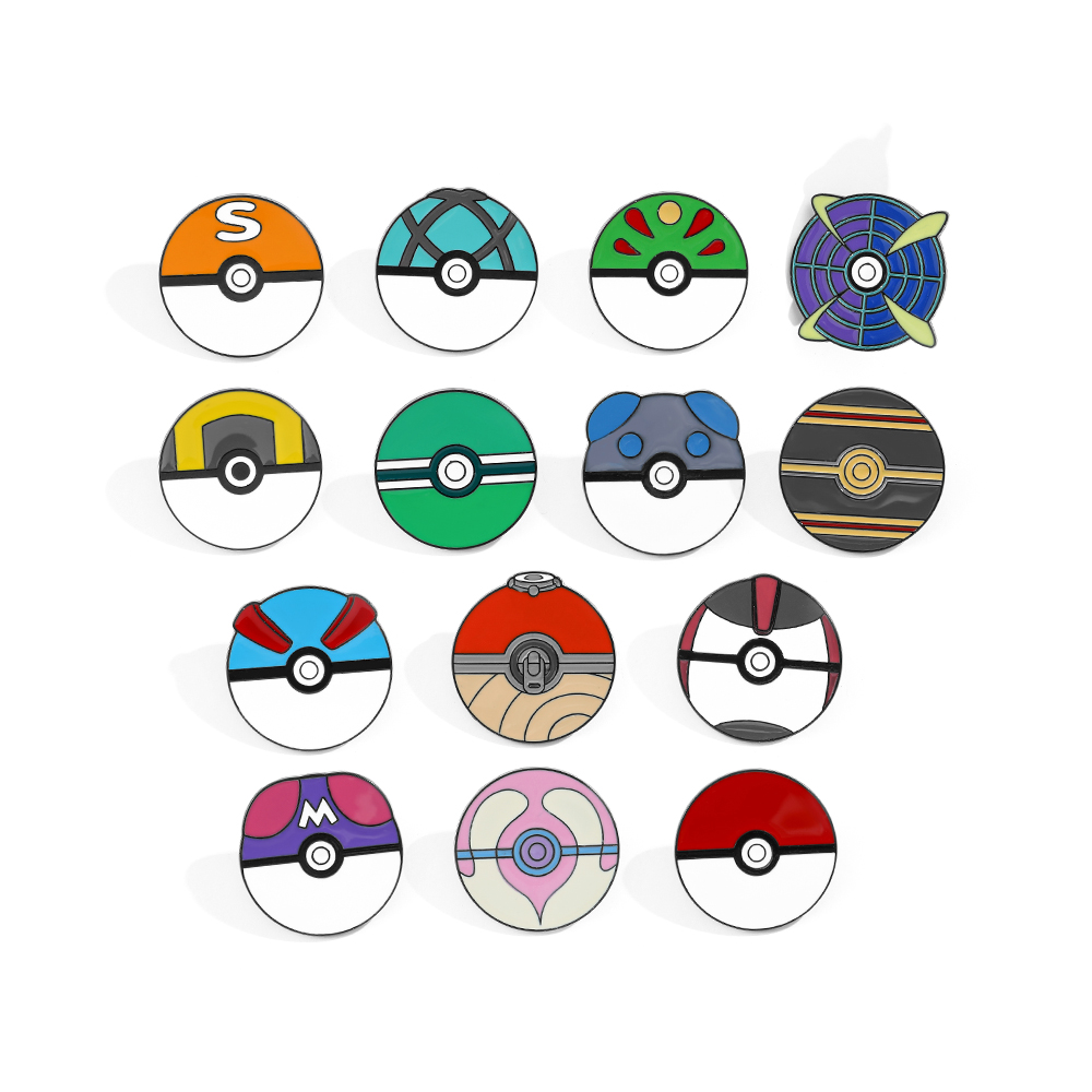 Embroidery Tulle - 14-teiliges Cartoon-Broschen-Set: Minimalistische Poké-Bälle, Emaille-Pins für