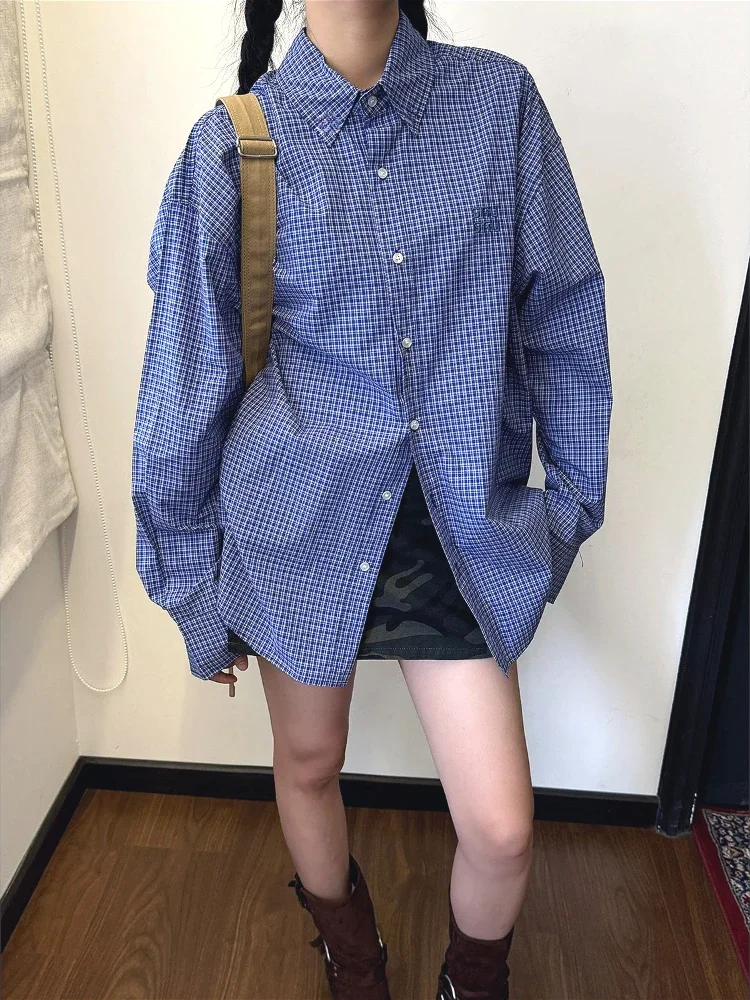 Embroidery Jersey - Vintage Blau Plaid Shirts für Frauen