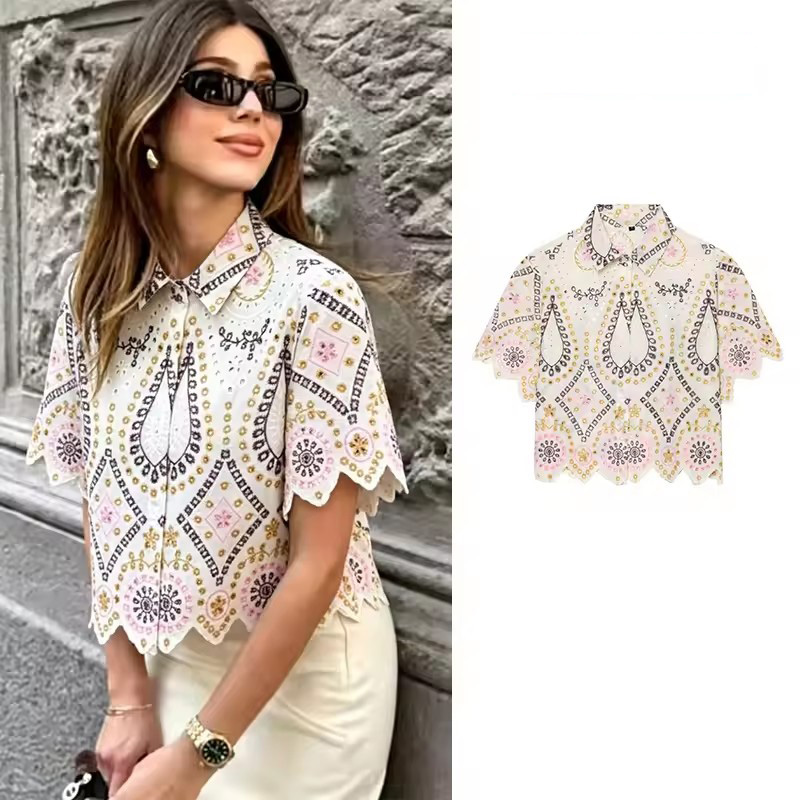 Embroidery Eyelet - PRINTKAOIR Damen-Bluse mit ausgehöhlter Stickerei und