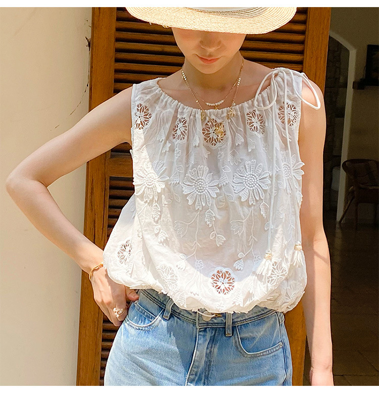 Embroidery Eyelet - Französischer Boho-Stil Bestickte Bluse Weißes Baumwollhemd