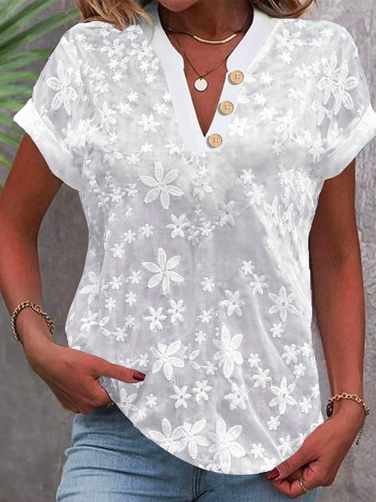 Kurzes Hemd, weiße Spitzenblus – Embroidery Eyelet Bewertung und Preis